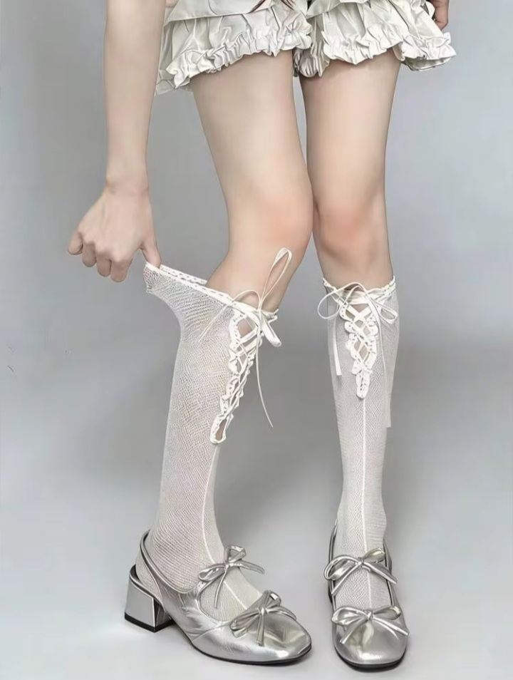Women’s White Sheer Mesh Lace-Up Thigh-High Leg Warmers with Ruched Knee Detail